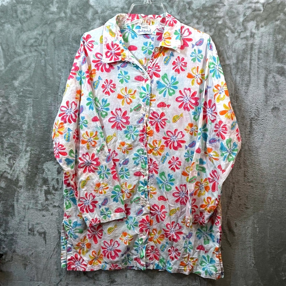 Fresh Produce Womens Medium Floral Fish Print Cotton Button Down Tunic Shirt USA